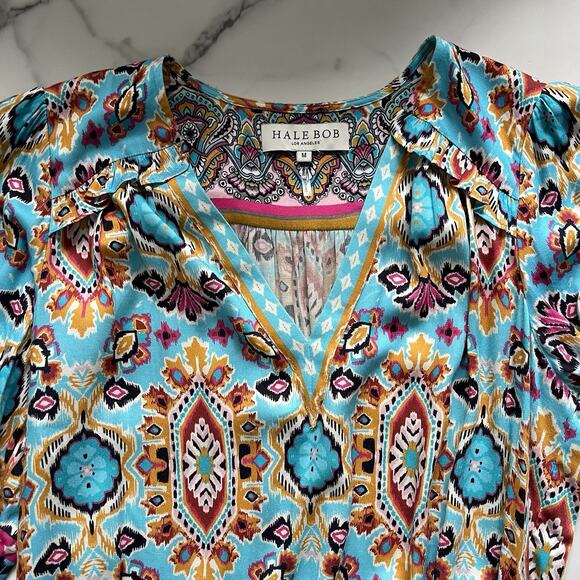 Hale Bob Oona mini Dress turquoise blue print Size M Boho chic Western Festival - Picture 6 of 12